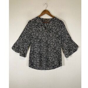 Boho Professional Gaharu Women Medium Black Floral Bell Sleeve Split Neck Blouse